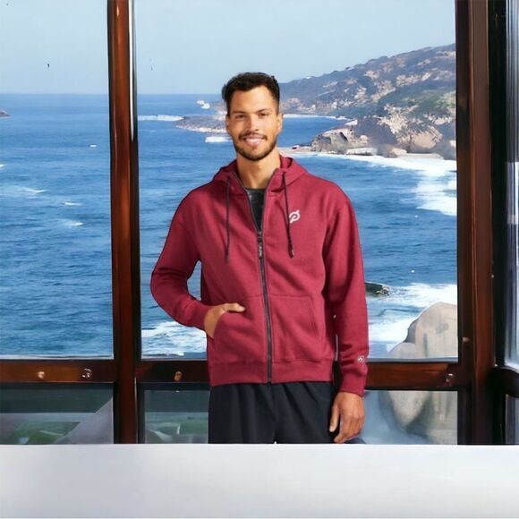 Peloton sweatshirt hoodie Burgundy Red Heavyweight Full Zip Fleece Pocket - Picture 4 of 8